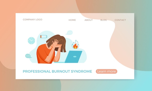 Professional burnout syndrome exhausted woman tired sitting at her workplace in office holding