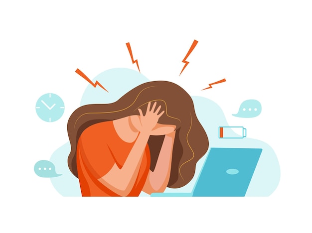 professional burnout syndrome exhausted woman tired sitting at her workplace in office