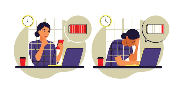 Vector professional burnout syndrome. happy and tired female office worker sitting at the table. frustrated worker, mental health problems. vector illustration. flat.