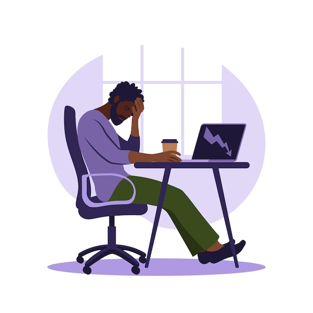 Professional burnout syndrome. Illustration tired african american office worker sitting at the table. Frustrated worker, mental health problems. Vector illustration in flat.