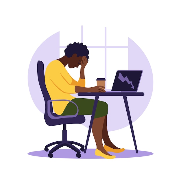 Vector professional burnout syndrome. illustration tired african female office worker sitting at the table. frustrated worker, mental health problems. vector illustration in flat style.