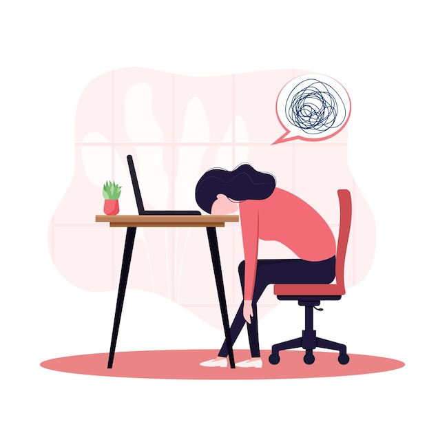Вектор Синдром профессионального выгорания уставшая девушка скучно сидит с опущенной головой на ноутбуке разочарованные проблемы с психическим здоровьем работника векторная иллюстрация длинного рабочего дня