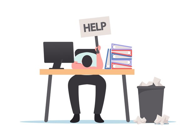 Professional burnout, tired overload businessman lying on office desk with help flag in hand and heaps of documents. overwork, tiredness fatigue and depression concept. cartoon vector illustration