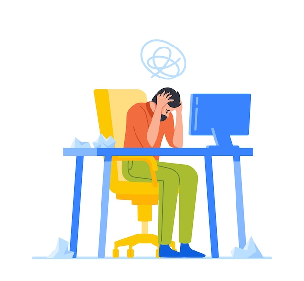 Vector professional burnout tired overload businessman sitting at office workplace holding head with hands overwork tiredness