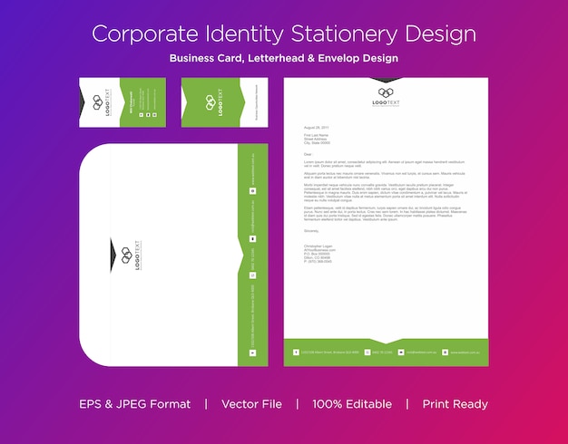 professional business card, letterhead and envelop design template