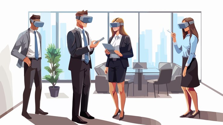 Vector professional business colleagues observing male executive presentation