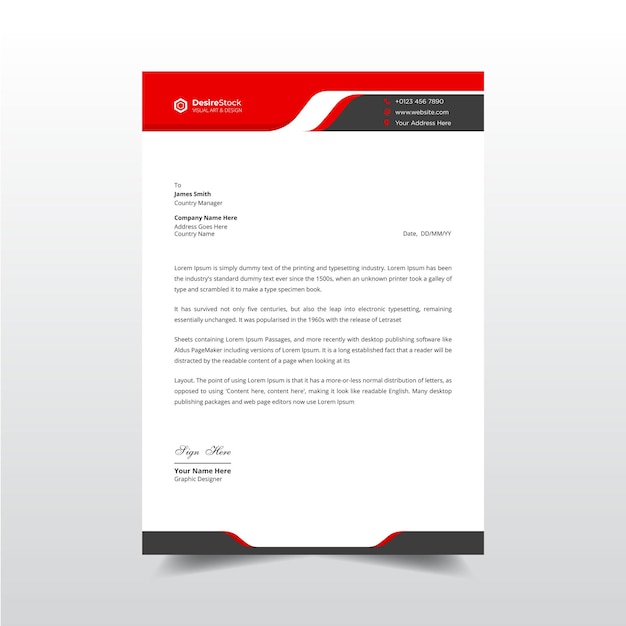 Professional business letterhead red and black header template  