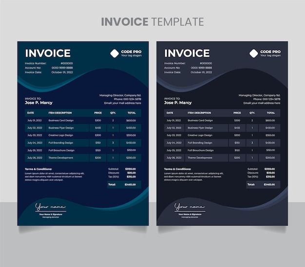 Professional business money bills or price invoices and payment agreement design template in A4 size