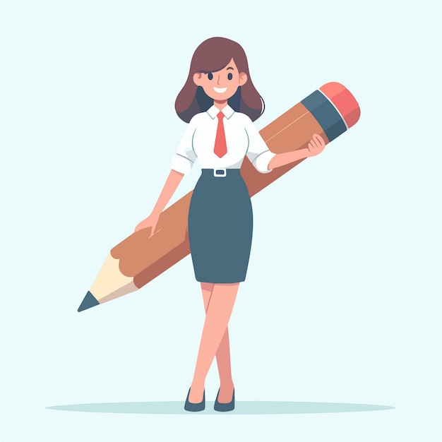 A professional business secretary woman standing with a pencil in flat design