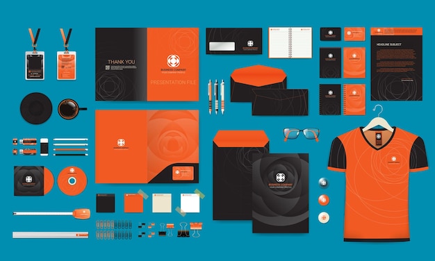 Vector professional business stationery items set black orange modern color styles vector illustration eps