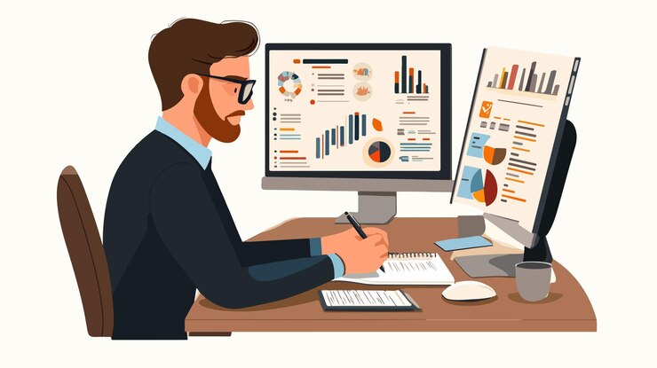 Vector professional business strategy and management concept with man writing notes