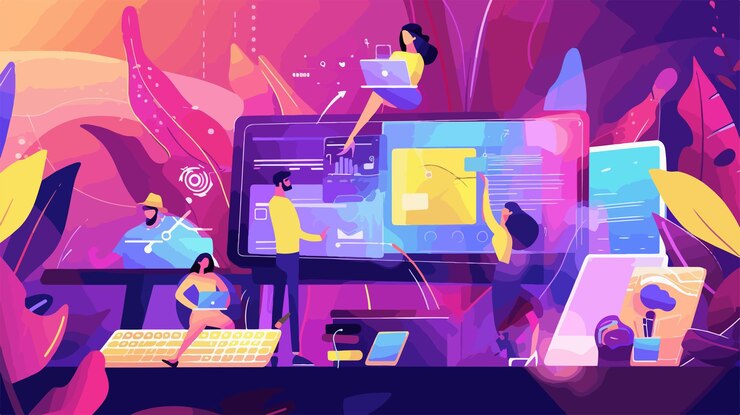 Vector professional business support abstract girls assist man with creative project