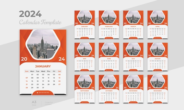 Professional business wall calendar design template with 12 months included for new year 2024