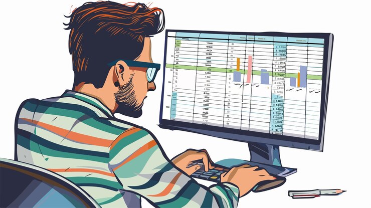Vector professional businessman analyzing digital data on spreadsheet