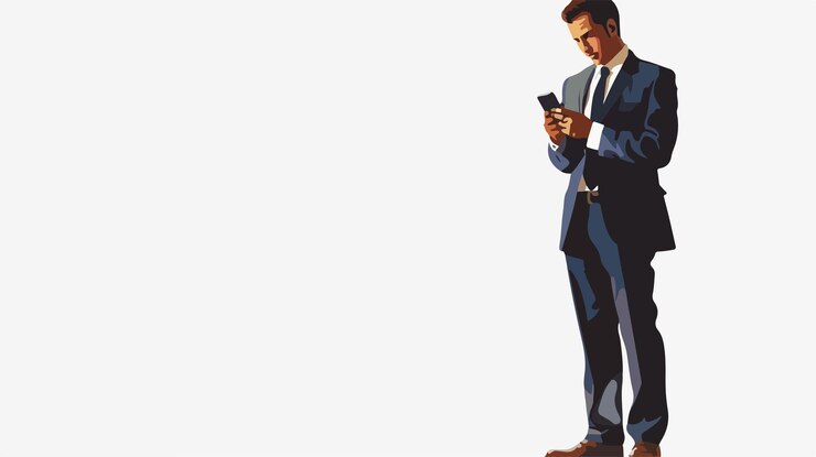 Vector professional businessman using smartphone for chatting in office setting