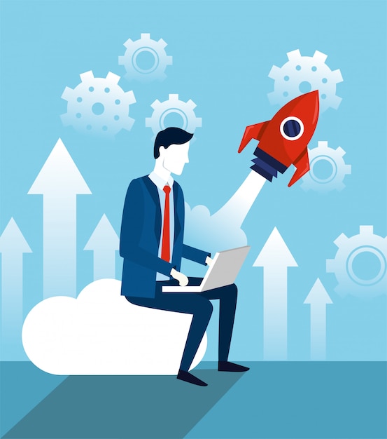 professional businessman with rocket technology and gears