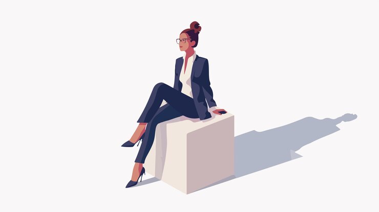 Vector professional businesswoman sitting in cube miniature office environment