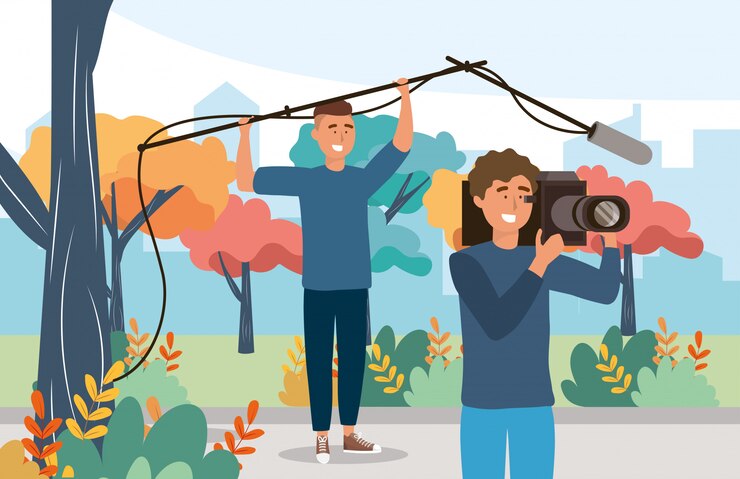 Vector professional  camera men with camcorder and microphone equipment