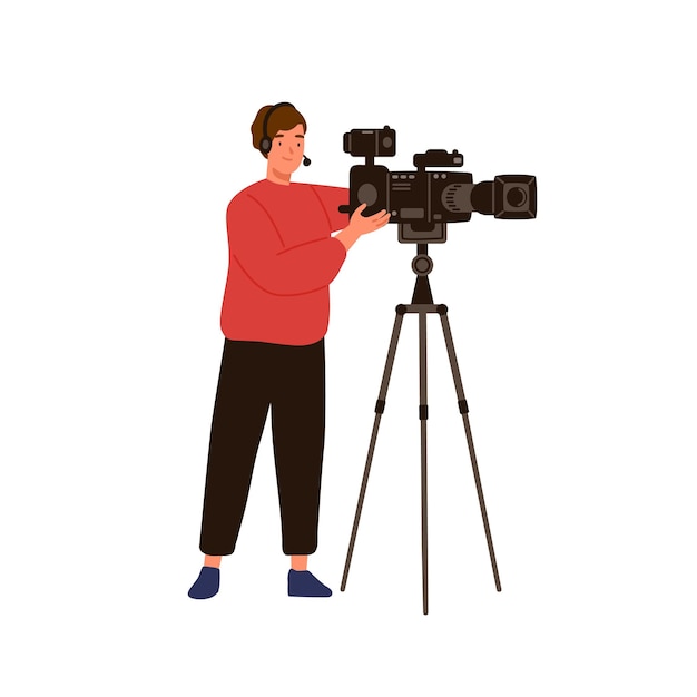 Professional cameraman or operator isolated on white background. man videographer character holding camera. movie production worker with recording equipment. vector illustration in flat cartoon style.