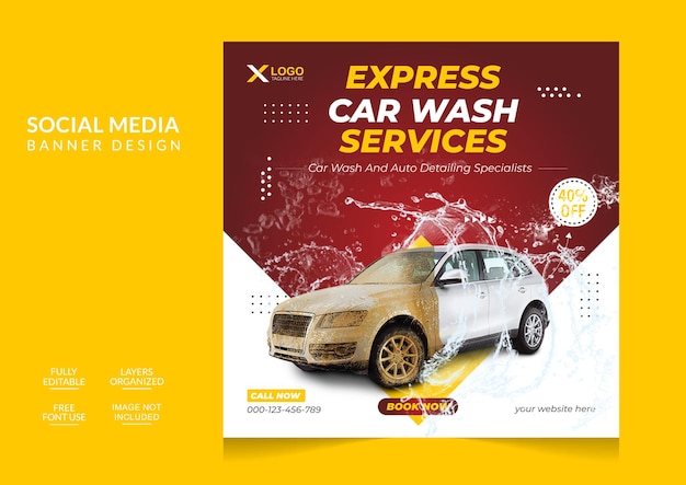 Professional car washing service social media post and web banner template