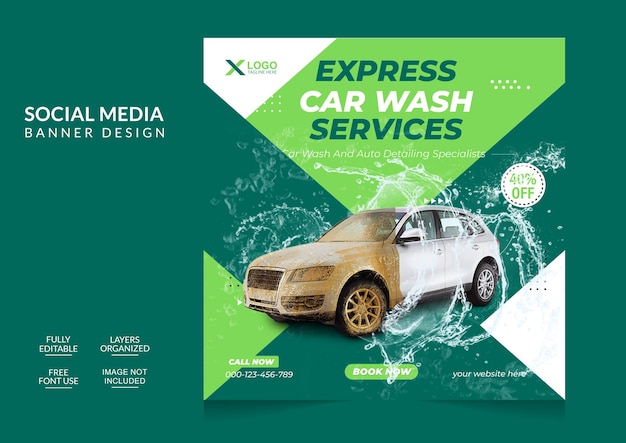 Professional car washing service social media post and web banner template