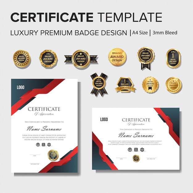 Professional certificate design template with badge set