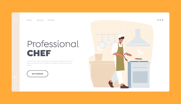 Professional Chef Landing Page Template Young Handsome Man Cooking on Kitchen at Home or Restaurant