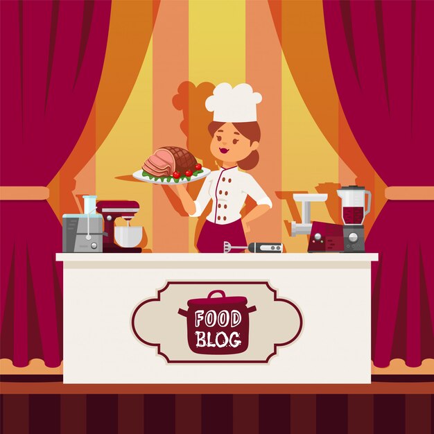 Professional chef prepare food in kitchen, online blog and social network   illustration. Character gourmet woman profession.