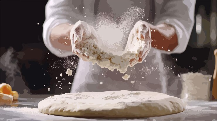 Vector professional chef spreading flour closeup vertical footage