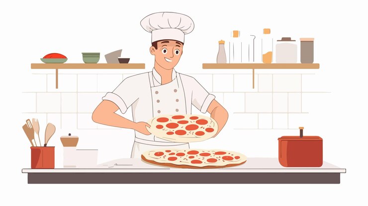 Vector professional chef stretching fresh pizza dough skillfully