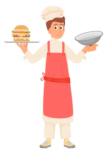 흰색 배경에 격리된 서빙 트레이 버거 요리 캐릭터를 갖춘 전문 요리사