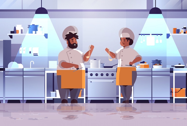 Vector 난로 요리 음식 개념 현대 부엌 인테리어 근처에 함께 서 균일 한 요리사 전문 요리사 몇 준비 및 요리 아프리카 계 미국인 여자 남자