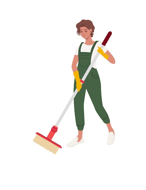 Professional cleaner woman wearing green uniform use yellow rubber gloves and modern mop cleaning process cartoon character design flat vector illustration isolated on white background