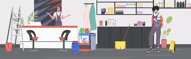 professional cleaners couple mix race janitors using cleaning equipment working together beauty salon interior horizontal
