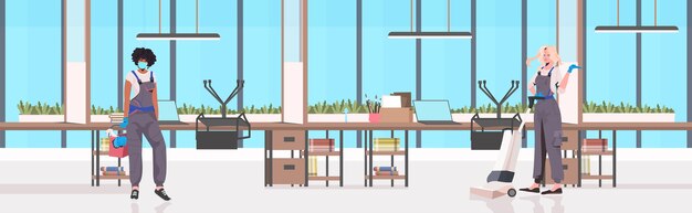 professional cleaners team mix race janitors with cleaning equipment working together office interior horizontal