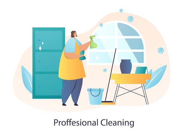 Vector professional cleaning concept employee of cleaning company washes windows in house woman with rag