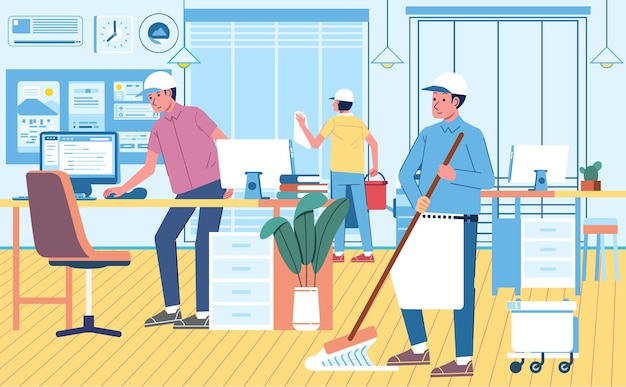 professional cleaning service, cleaning the office after working hours are over. office design interior flat   illustration.