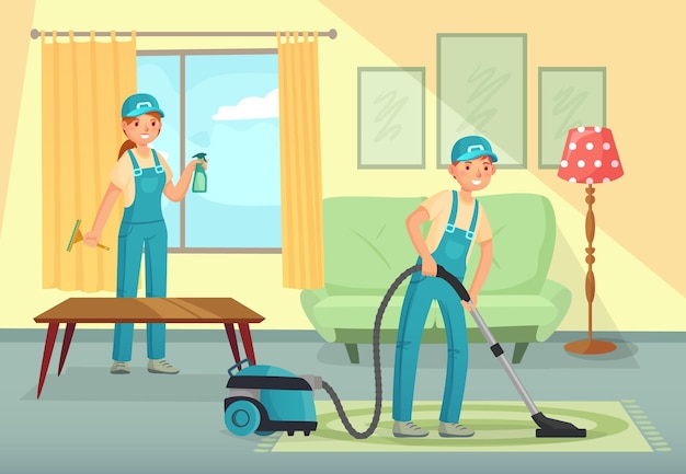 Vector professional cleaning workers cleaning living room. man and woman characters, cleaning company staff vacuuming carpet, washing windows. people in uniform with tools vector illustration