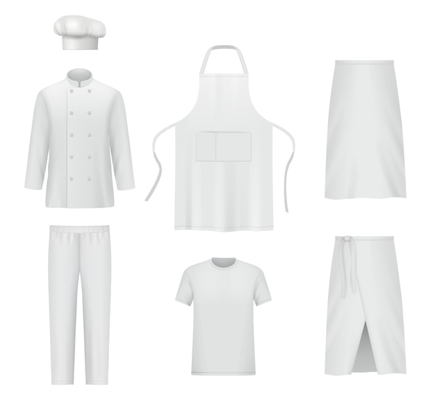 Vettore abiti professionali pantaloni e giacca uniformi da chef abito realistico da cuoco per preparare cibo collezione di mockup vettoriali decenti