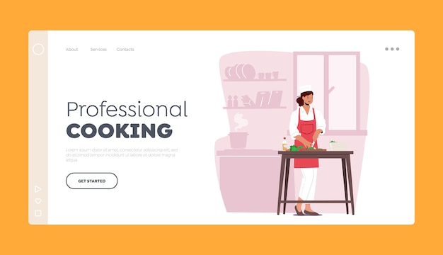 Professional Cooking Landing Page Template Woman Chopping Vegetables Happy Female Character Wear Chef Uniform Cook