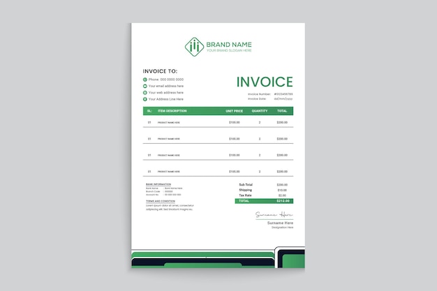 Professional corporate business invoice template design with green color