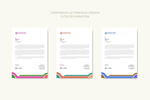 Vettore design professionale del modello di carta intestata aziendale creativa con 3 variazioni di colore