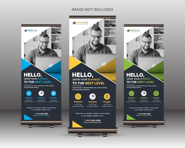 Professional creative roll up banner template design with blue yellow and green color variations