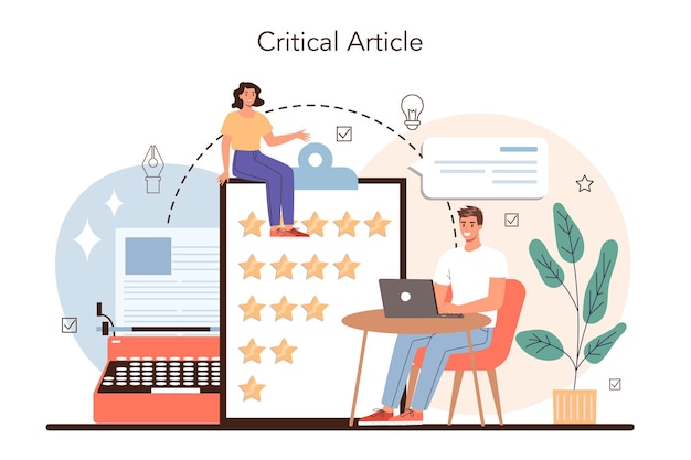 Professional critic concept Journalist making review and ranking food or art Specialist making a critical article on creative works Flat vector illustration