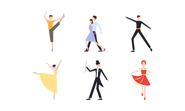 Professional dancers dancing classical and modern dances set young man and woman dressed in elegant