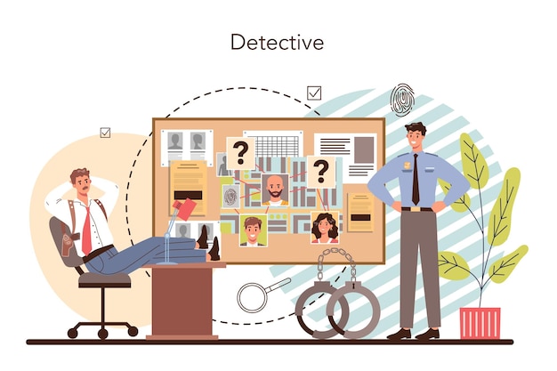 Vector professional detective concept agency investigating a crime place and looking for clues person solving crime by talking to witness and collecting physical evidence vector illustration