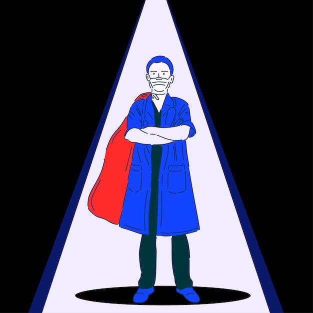 Vector professional doctor in a medical mask. superhero. medical worker. vector illustration in modern linear style.