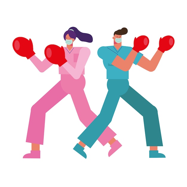 Пара профессиональных врачей в медицинских масках с иллюстрацией боксерских перчаток