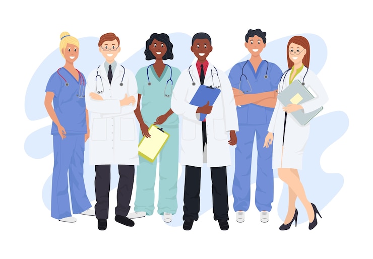 Vector professional doctors and nurses posing together