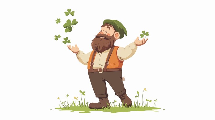 Vector professional dwarf man juggling clover outdoors in wide angle centered view